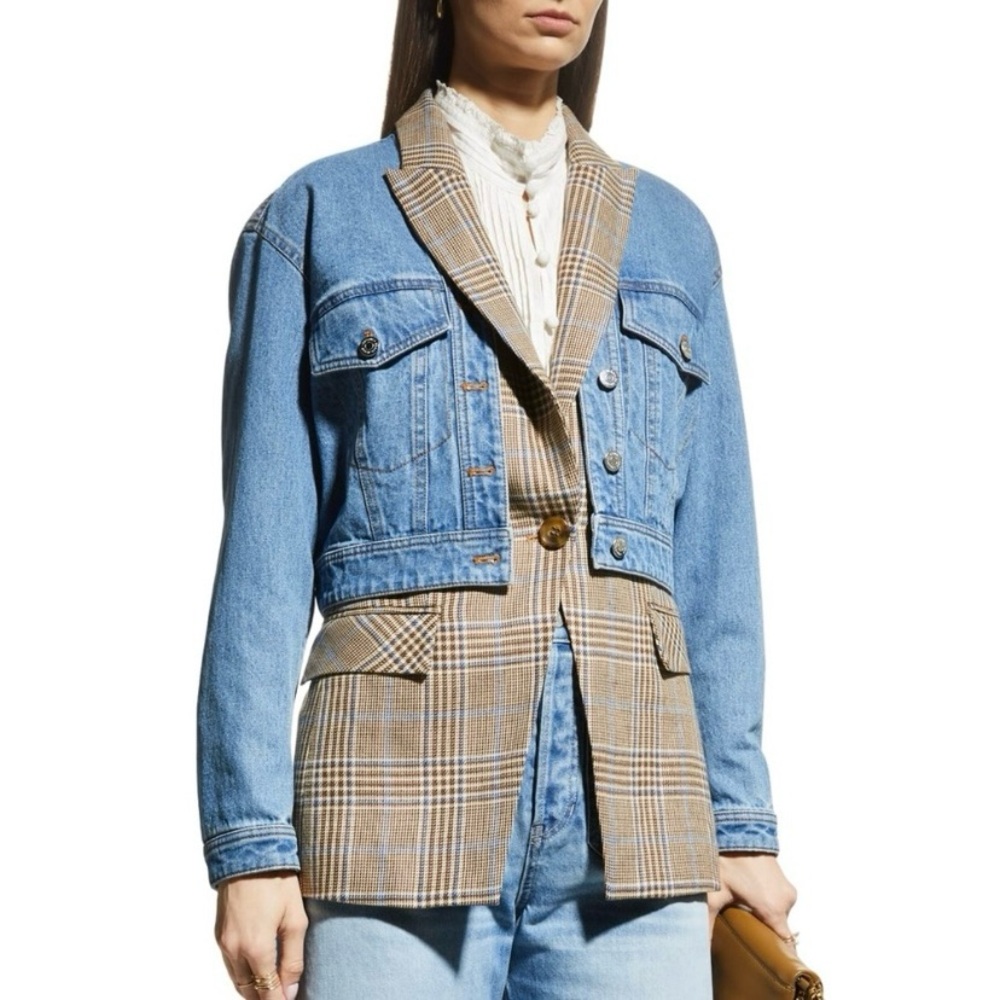 Veronica Beard Keaton Combo Dickey Blue Jean Denim Jacket Plaid Vest size L